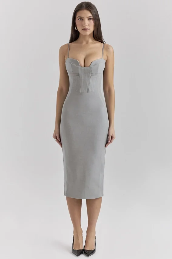 Kiki Light Grey Mesh Panelled Bodycon Midi Dress Kiki Light Grey Mesh Panelled Bodycon Midi Dress