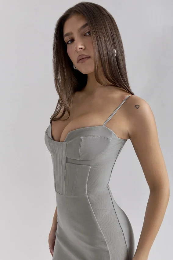 Kiki Light Grey Mesh Panelled Bodycon Midi Dress Kiki Light Grey Mesh Panelled Bodycon Midi Dress