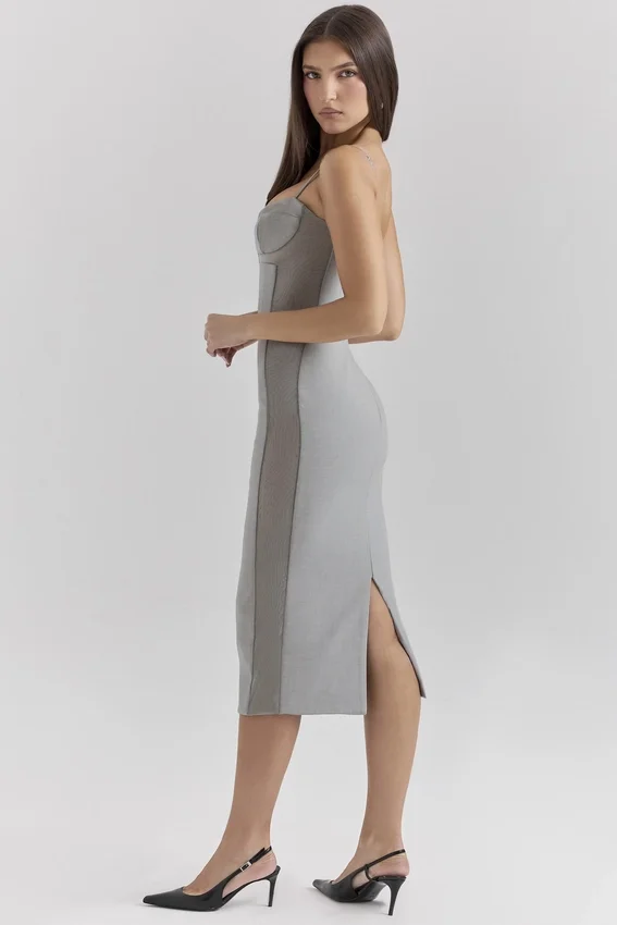 Kiki Light Grey Mesh Panelled Bodycon Midi Dress Kiki Light Grey Mesh Panelled Bodycon Midi Dress