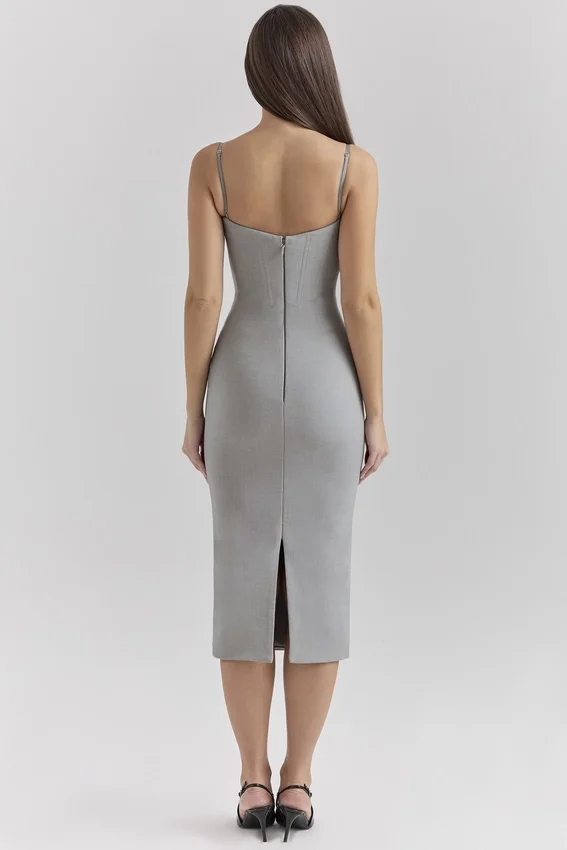 Kiki Light Grey Mesh Panelled Bodycon Midi Dress Kiki Light Grey Mesh Panelled Bodycon Midi Dress