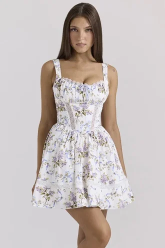 Kimmie White Floral Ribbon Print Cotton Mini Dress