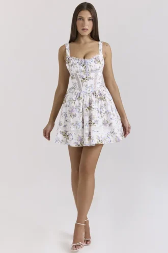 Kimmie White Floral Ribbon Print Cotton Mini Dress
