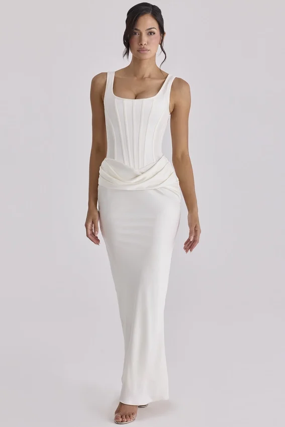 Kira Ivory Satin Gathered Maxi Dress Kira Ivory Satin Gathered Maxi Dress