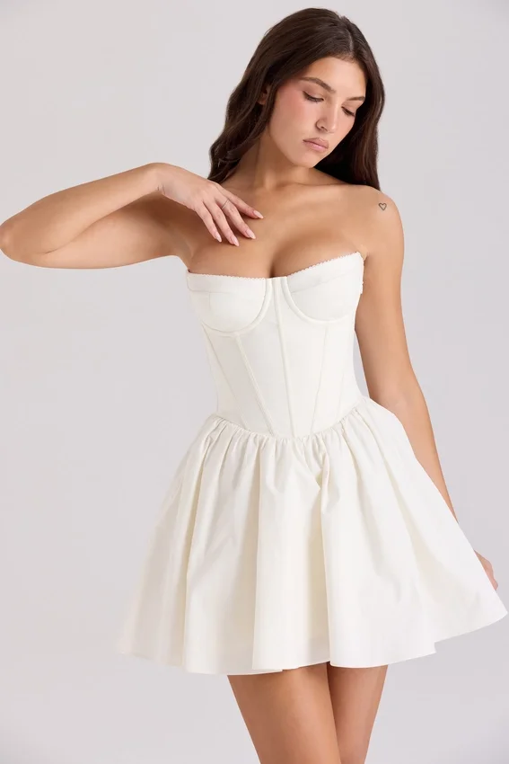 Kristiana Ivory Cotton Strapless Corset Mini Dress Kristiana Ivory Cotton Strapless Corset Mini Dress