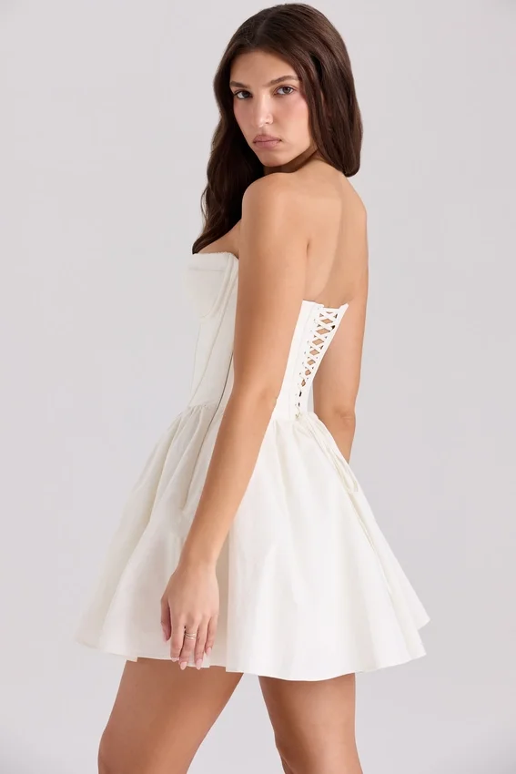 Kristiana Ivory Cotton Strapless Corset Mini Dress Kristiana Ivory Cotton Strapless Corset Mini Dress