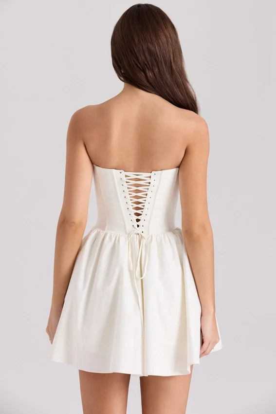 Kristiana Ivory Cotton Strapless Corset Mini Dress Kristiana Ivory Cotton Strapless Corset Mini Dress