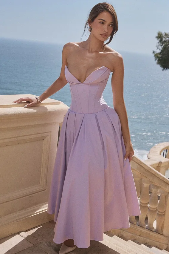 Lady Orchid Twill Strapless Tulle Midi Dress Lady Orchid Twill Strapless Tulle Midi Dress