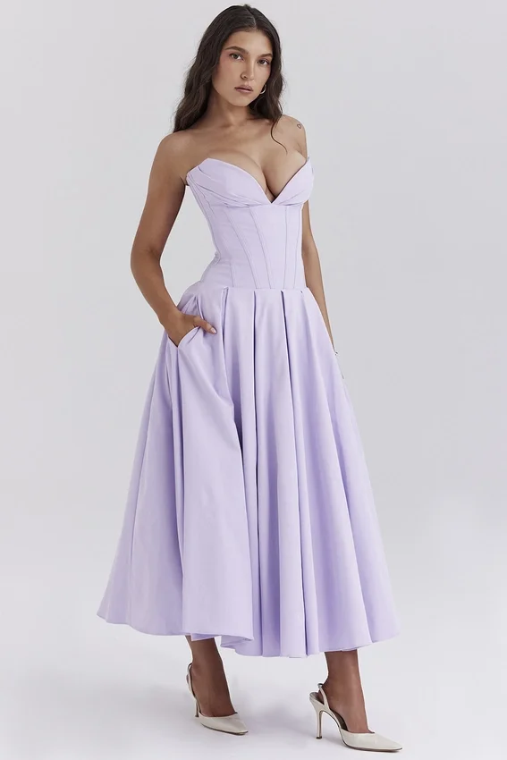 Lady Orchid Twill Strapless Tulle Midi Dress Lady Orchid Twill Strapless Tulle Midi Dress