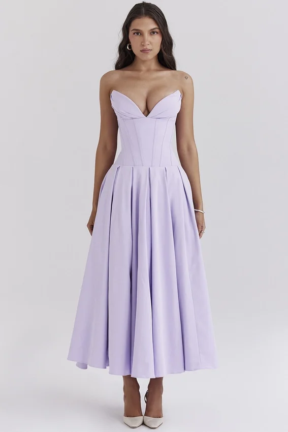 Lady Orchid Twill Strapless Tulle Midi Dress Lady Orchid Twill Strapless Tulle Midi Dress