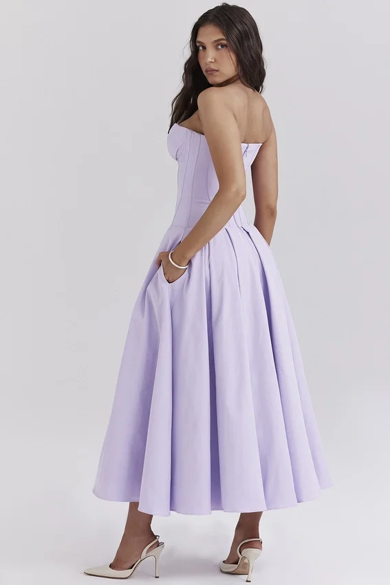 Lady Orchid Twill Strapless Tulle Midi Dress Lady Orchid Twill Strapless Tulle Midi Dress