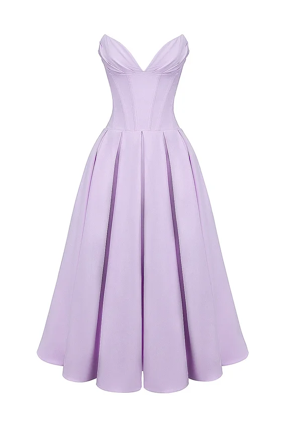 Lady Orchid Twill Strapless Tulle Midi Dress Lady Orchid Twill Strapless Tulle Midi Dress
