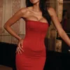Laila Red Satin Strapless Hourglass Mini Dress Laila Red Satin Strapless Hourglass Mini Dress