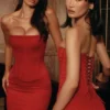 Laila Red Satin Strapless Hourglass Mini Dress Laila Red Satin Strapless Hourglass Mini Dress