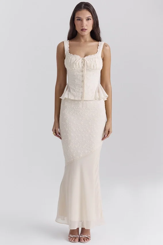 Lana Vintage Cream Cotton Broderie Anglais Maxi Skirt Lana Vintage Cream Cotton Broderie Anglais Maxi Skirt