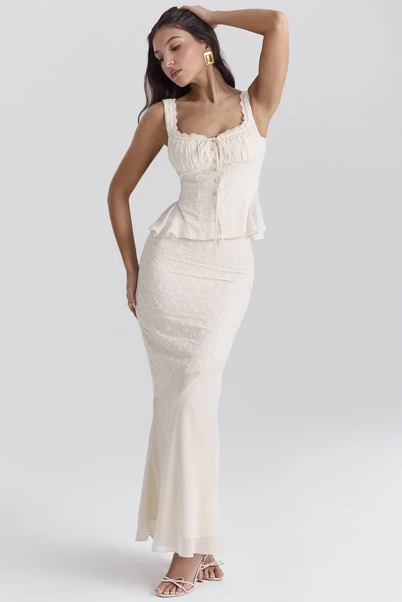 Lana Vintage Cream Cotton Broderie Anglais Maxi Skirt Lana Vintage Cream Cotton Broderie Anglais Maxi Skirt
