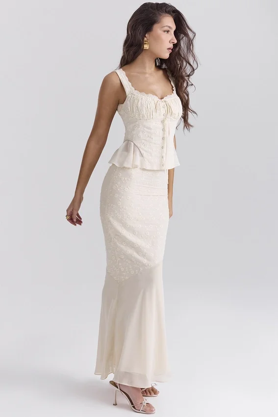 Lana Vintage Cream Cotton Broderie Anglais Maxi Skirt Lana Vintage Cream Cotton Broderie Anglais Maxi Skirt