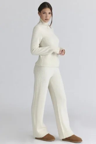 Lara Ivory Merino Wool Ribbed Knit Trousers
