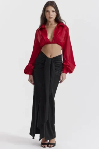Arla Black Draped Silk Maxi Skirt
