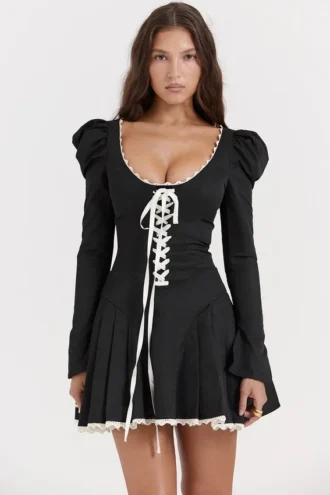Larisa Black & Cream Pleated Mini Dress