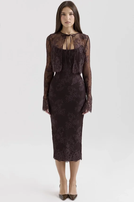 Larra Bitter Chocolate Lace Corset Midi Dress & Bolero Larra Bitter Chocolate Lace Corset Midi Dress & Bolero