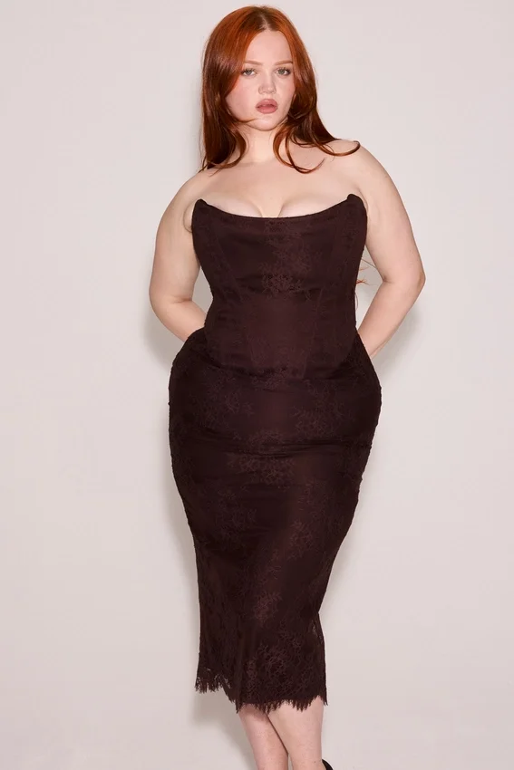 Larra Bitter Chocolate Lace Corset Midi Dress & Bolero Larra Bitter Chocolate Lace Corset Midi Dress & Bolero