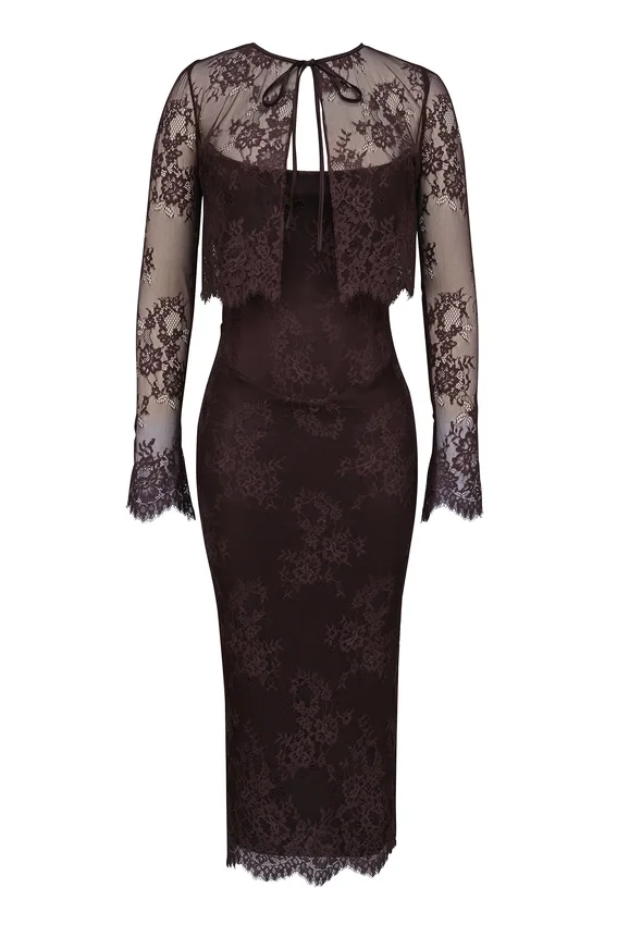 Larra Bitter Chocolate Lace Corset Midi Dress & Bolero Larra Bitter Chocolate Lace Corset Midi Dress & Bolero