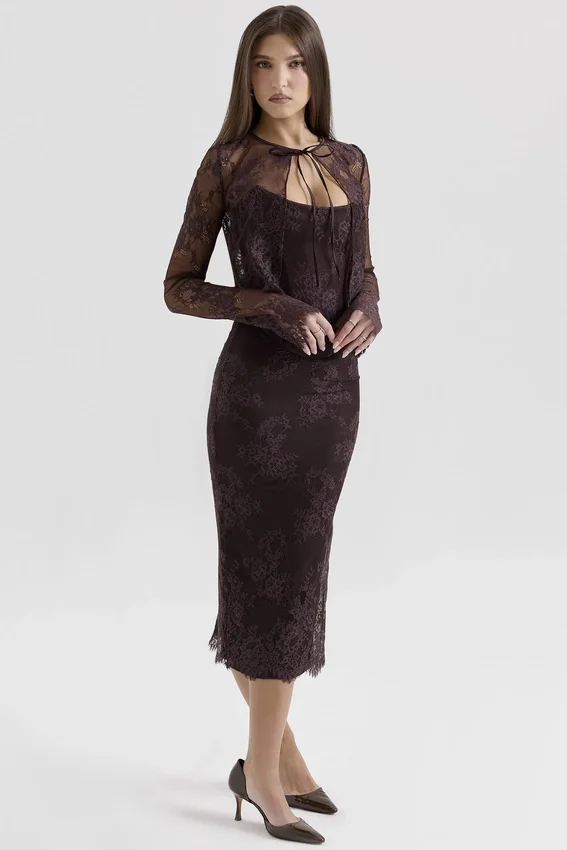 Larra Bitter Chocolate Lace Corset Midi Dress & Bolero Larra Bitter Chocolate Lace Corset Midi Dress & Bolero