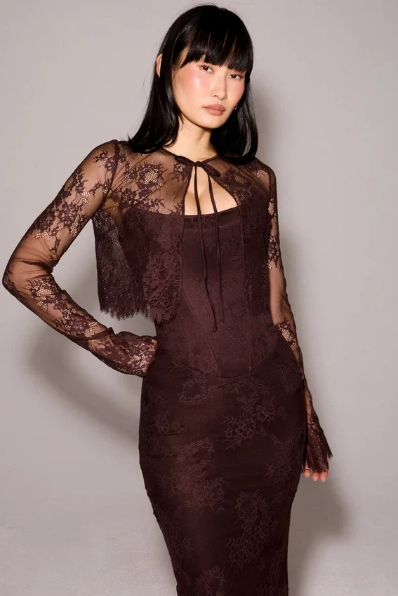 Larra Bitter Chocolate Lace Corset Midi Dress & Bolero Larra Bitter Chocolate Lace Corset Midi Dress & Bolero