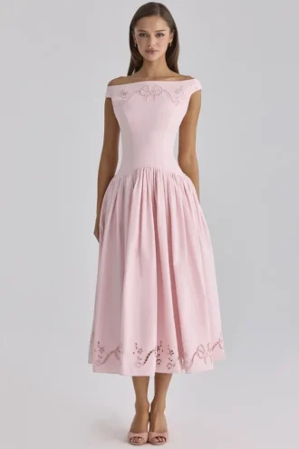 Lauren Pink Cotton Broderie Anglaise Boat Neck Maxi Dress