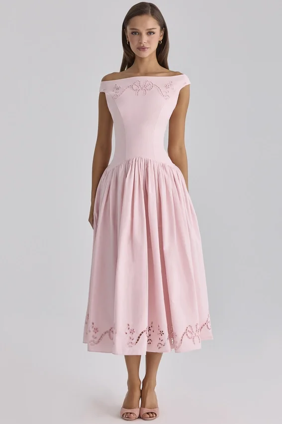 Lauren Pink Cotton Broderie Anglaise Boat Neck Maxi Dress Lauren Pink Cotton Broderie Anglaise Boat Neck Maxi Dress