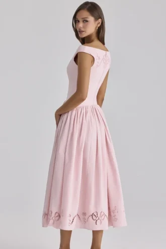 Lauren Pink Cotton Broderie Anglaise Boat Neck Maxi Dress