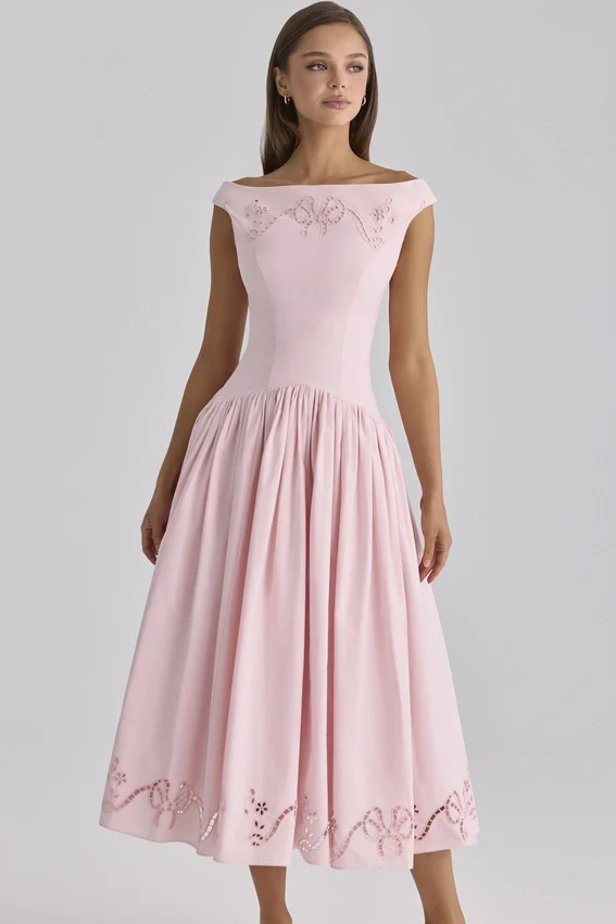 Lauren Pink Cotton Broderie Anglaise Boat Neck Maxi Dress Lauren Pink Cotton Broderie Anglaise Boat Neck Maxi Dress