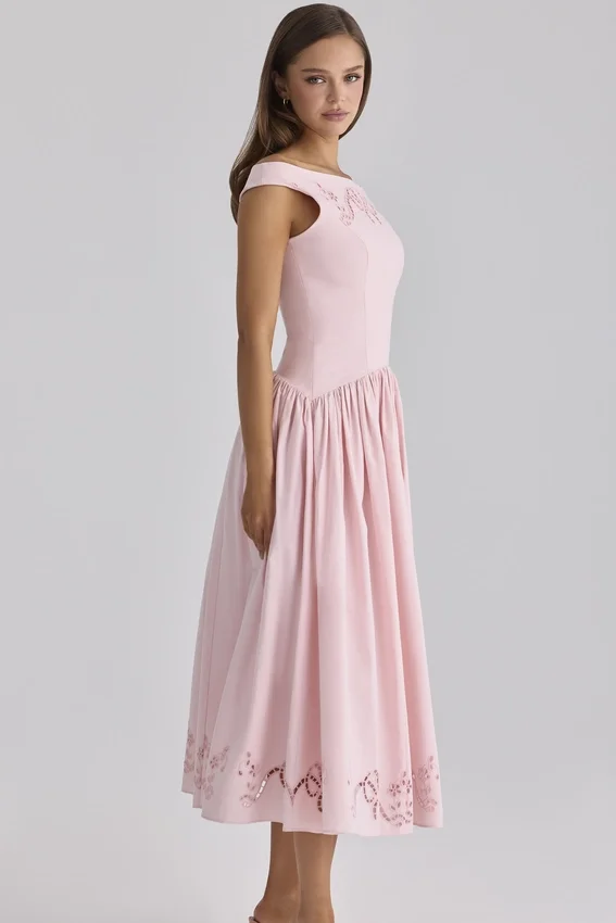 Lauren Pink Cotton Broderie Anglaise Boat Neck Maxi Dress Lauren Pink Cotton Broderie Anglaise Boat Neck Maxi Dress