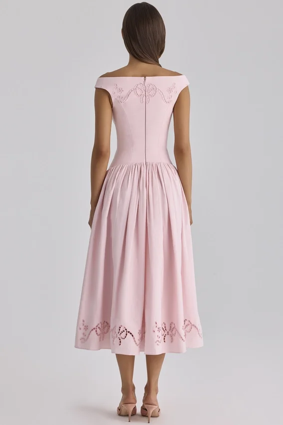 Lauren Pink Cotton Broderie Anglaise Boat Neck Maxi Dress Lauren Pink Cotton Broderie Anglaise Boat Neck Maxi Dress
