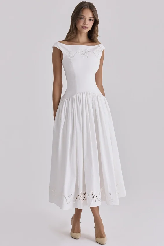 Lauren White Cotton Broderie Anglaise Boat Neck Maxi Dress Lauren White Cotton Broderie Anglaise Boat Neck Maxi Dress