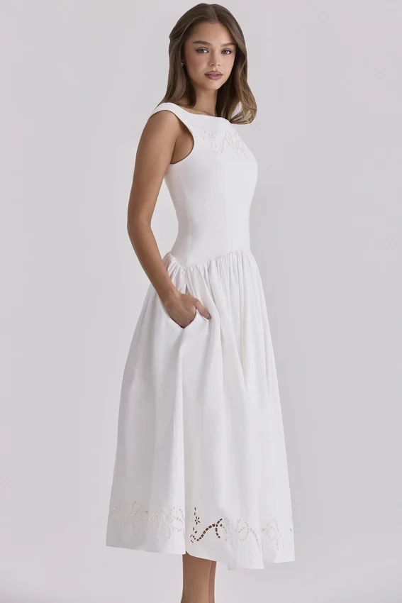 Lauren White Cotton Broderie Anglaise Boat Neck Maxi Dress Lauren White Cotton Broderie Anglaise Boat Neck Maxi Dress