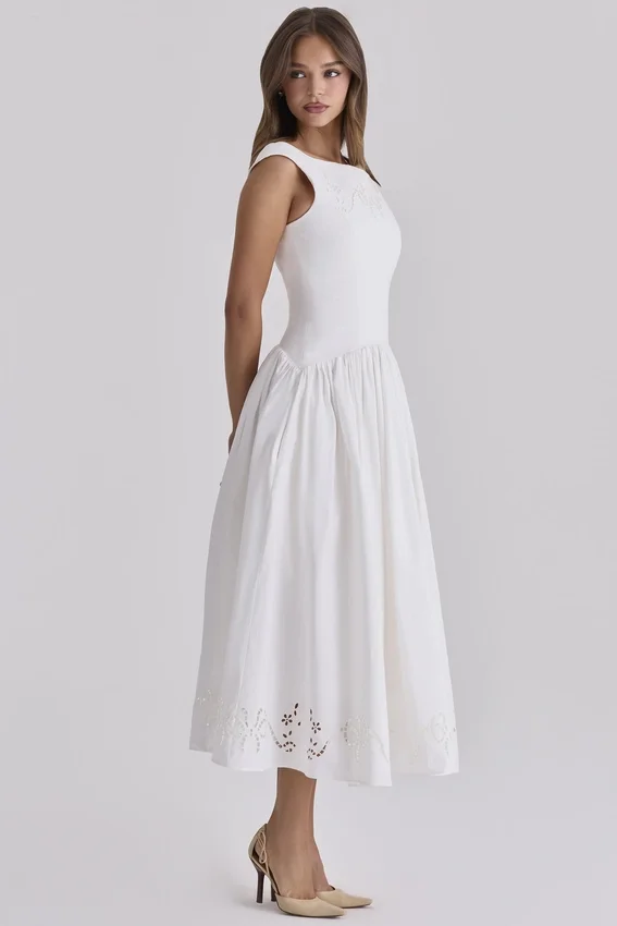 Lauren White Cotton Broderie Anglaise Boat Neck Maxi Dress Lauren White Cotton Broderie Anglaise Boat Neck Maxi Dress
