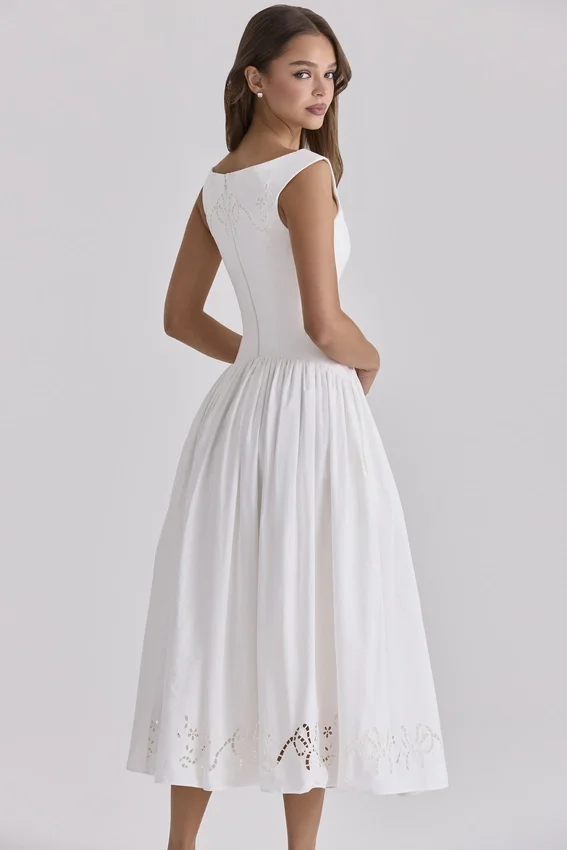 Lauren White Cotton Broderie Anglaise Boat Neck Maxi Dress Lauren White Cotton Broderie Anglaise Boat Neck Maxi Dress