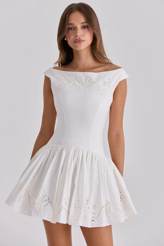 Lauren White Cotton Broderie Anglaise Boat Neck Mini Dress Lauren White Cotton Broderie Anglaise Boat Neck Mini Dress