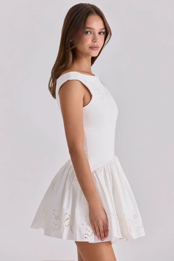Lauren White Cotton Broderie Anglaise Boat Neck Mini Dress Lauren White Cotton Broderie Anglaise Boat Neck Mini Dress
