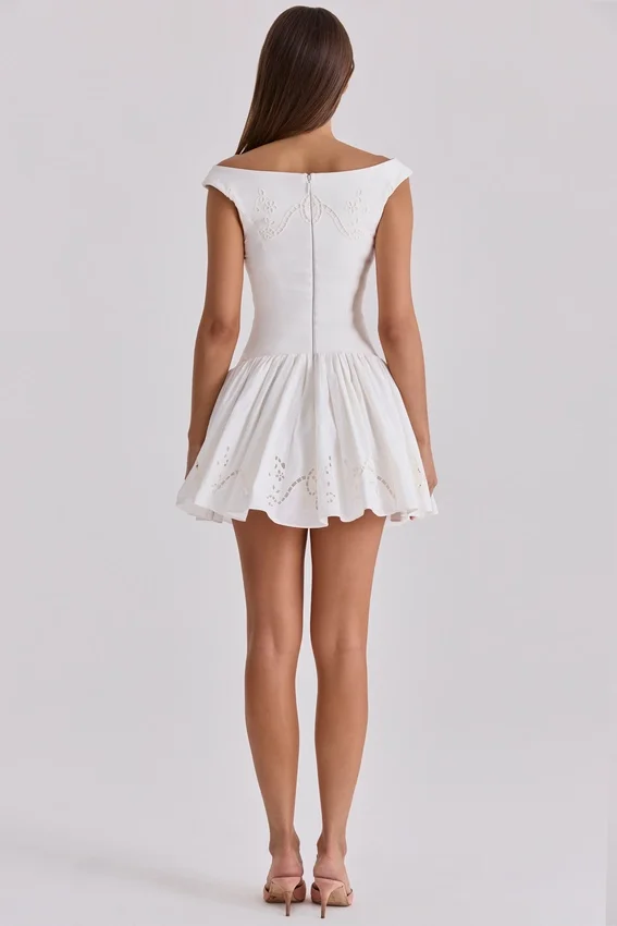 Lauren White Cotton Broderie Anglaise Boat Neck Mini Dress Lauren White Cotton Broderie Anglaise Boat Neck Mini Dress