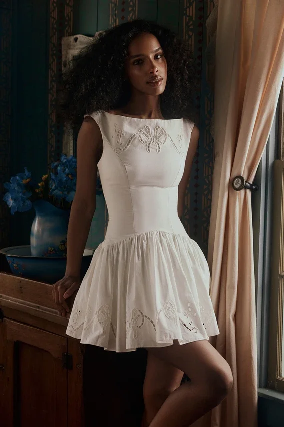 Lauren White Cotton Broderie Anglaise Boat Neck Mini Dress Lauren White Cotton Broderie Anglaise Boat Neck Mini Dress