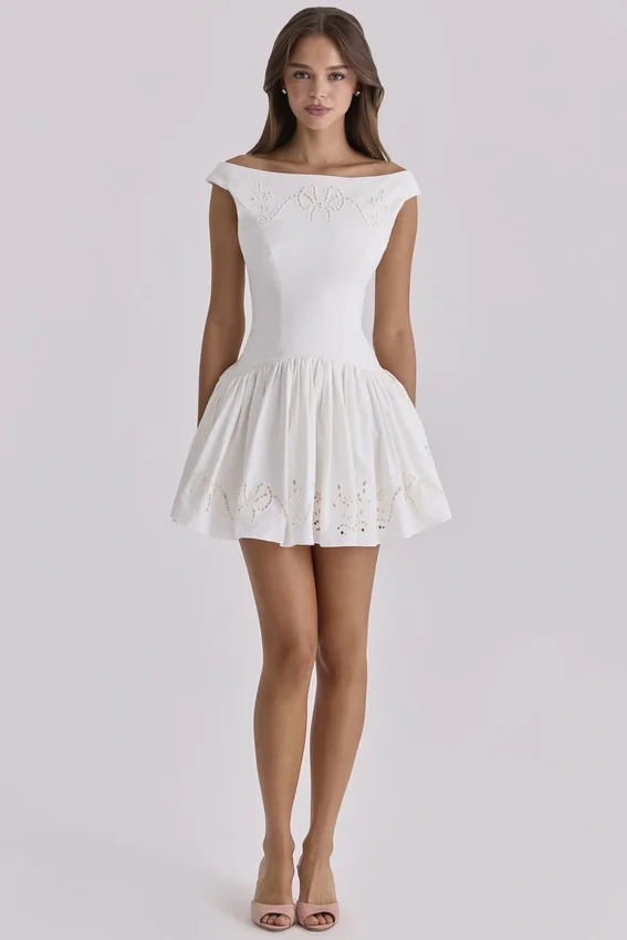 Lauren White Cotton Broderie Anglaise Boat Neck Mini Dress Lauren White Cotton Broderie Anglaise Boat Neck Mini Dress