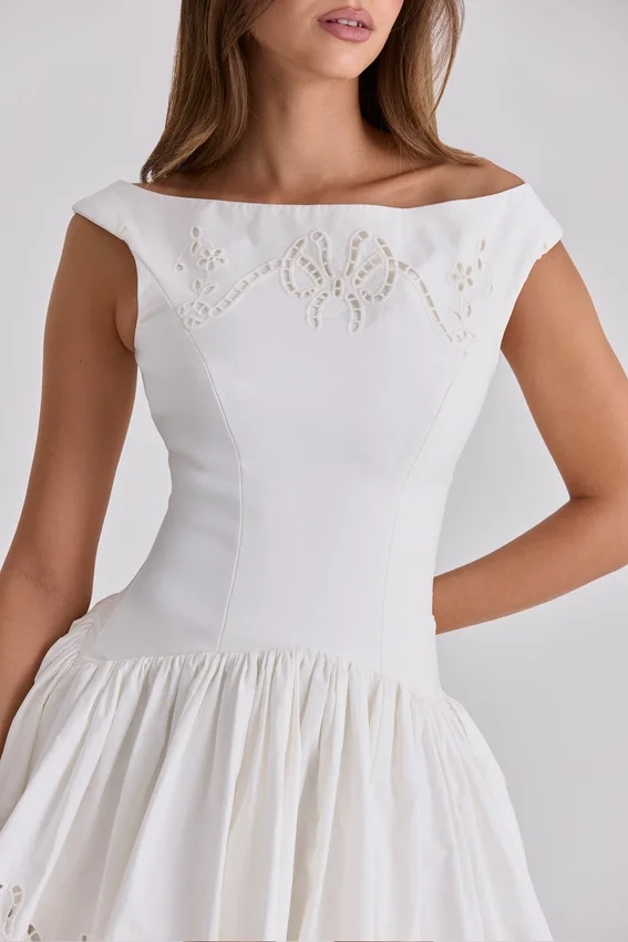 Lauren White Cotton Broderie Anglaise Boat Neck Mini Dress Lauren White Cotton Broderie Anglaise Boat Neck Mini Dress