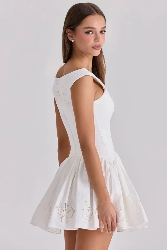 Lauren White Cotton Broderie Anglaise Boat Neck Mini Dress Lauren White Cotton Broderie Anglaise Boat Neck Mini Dress