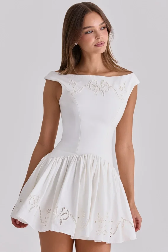 Lauren White Cotton Broderie Anglaise Boat Neck Mini Dress Lauren White Cotton Broderie Anglaise Boat Neck Mini Dress