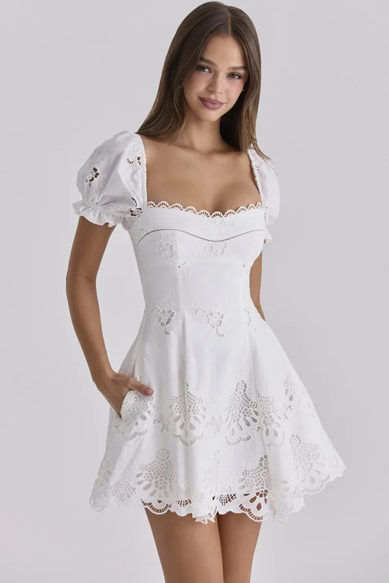 Lavina White Custom Lace + Cotton Broderie Anglaise Mini Dress Lavina White Custom Lace + Cotton Broderie Anglaise Mini Dress