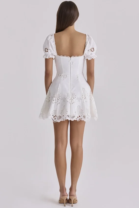 Lavina White Custom Lace + Cotton Broderie Anglaise Mini Dress Lavina White Custom Lace + Cotton Broderie Anglaise Mini Dress