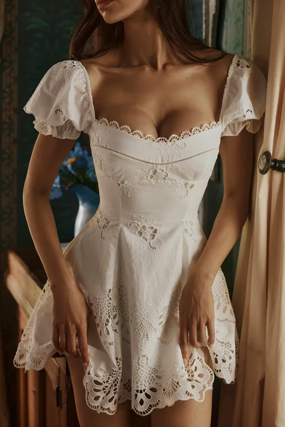 Lavina White Custom Lace + Cotton Broderie Anglaise Mini Dress Lavina White Custom Lace + Cotton Broderie Anglaise Mini Dress