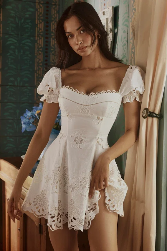 Lavina White Custom Lace + Cotton Broderie Anglaise Mini Dress Lavina White Custom Lace + Cotton Broderie Anglaise Mini Dress